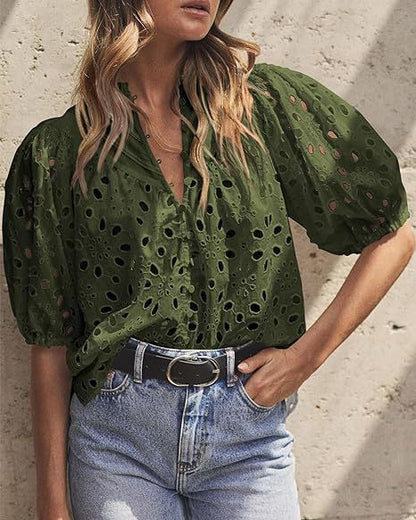 Blusa informal de verano con mangas abullonadas y cuello en V para mujer, con encaje calado y bordado