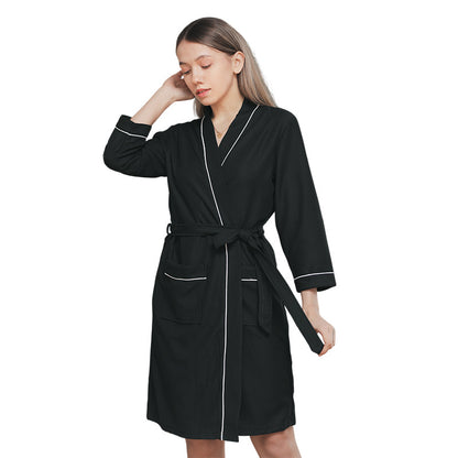 Fashion Casual Contrast Color Waffe Bathrobe Lace-Up Nightgown