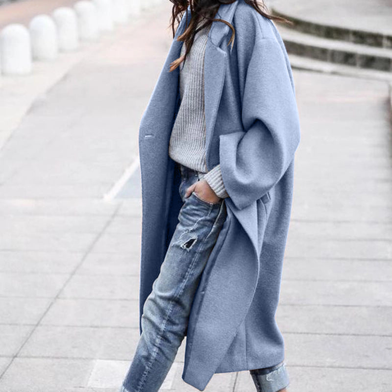 Abrigo de lana cálido de color liso largo informal para mujer, otoño e invierno
