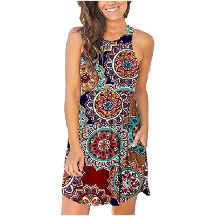 Summer Women Casual Floral Print Round Neck Sleeveless Pocket Dress