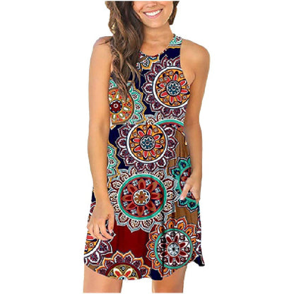 Summer Women Casual Floral Print Round Neck Sleeveless Pocket Dress