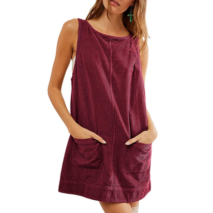 Women Casual Corduroy Solid Color Sleeveless Mini Dress