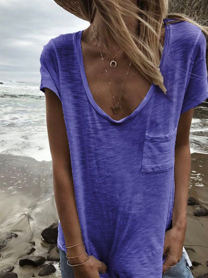 Women'S Plus Size Basic Fashion U-Neck Solid Color Casual Short-Sleeved T-shirt