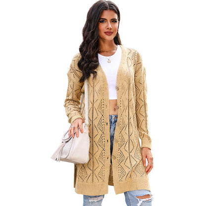 Cárdigan informal de punto calado de color liso para mujer
