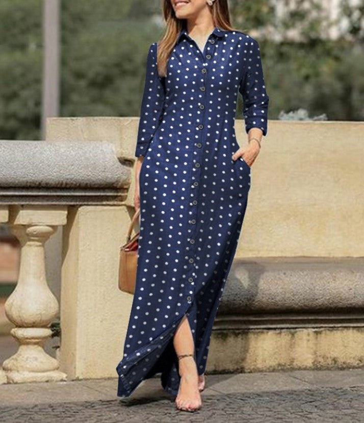 Women Casual Polka Dot Long Sleeve Lapel Collar Button Long Dress