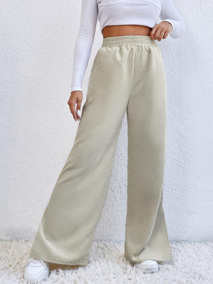 Women Fashion High Waist Casual Solid Color Corduroy Stitching Slit Pants