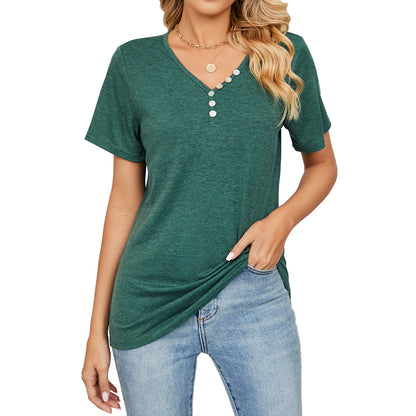 Camiseta informal holgada de manga corta con botones y cuello en V para mujer
