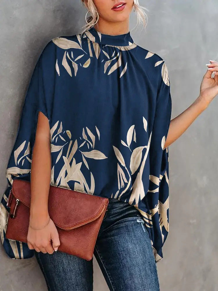Blusa elegante informal holgada con mangas murciélago y cuello redondo para mujer, ideal para oficina y verano