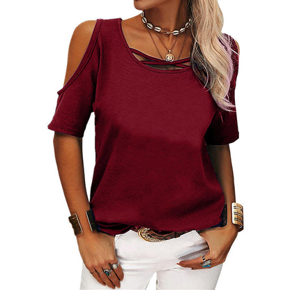 Women Fashion Casual Solid Color Hollow-Out Short-Sleeved Loose T-Shirt