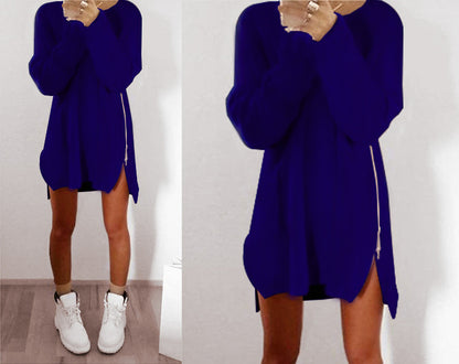 Autumn And Winter Women Casual Loose Solid Color Side Zipper Knitted Dress