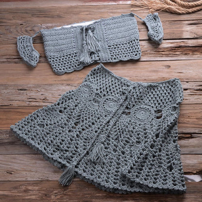 Two Piece Set Summer Beach Dress Hand Knitted Hollow Out Crop Top Mini Skirt Sheer Fishnet Cover Up Casual Suits