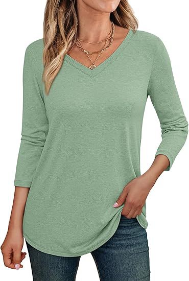 Camiseta informal de manga larga con cuello en V y color liso para mujer