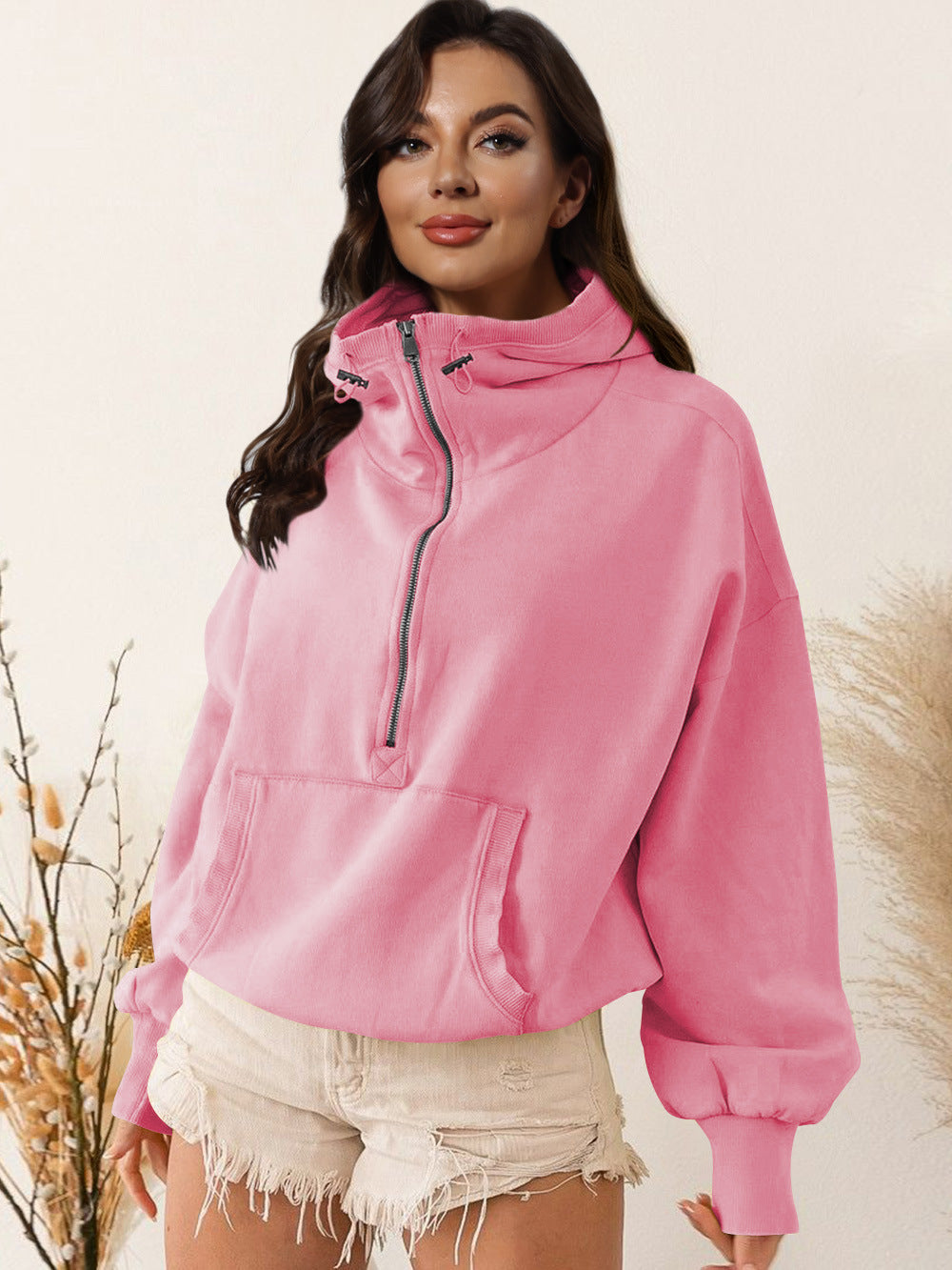 Sudadera informal de cuello alto con cremallera y color liso para mujer