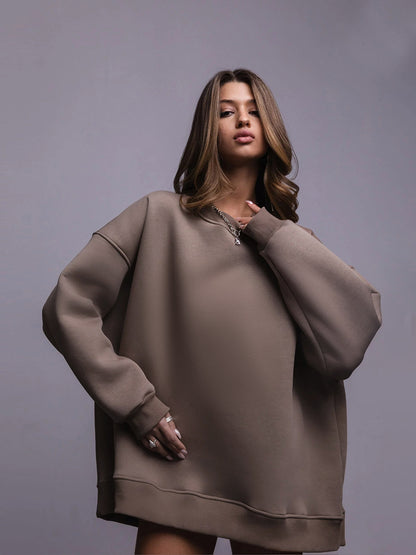 Sudadera de manga larga con cuello redondo y holgado de color liso para mujer de otoño e invierno
