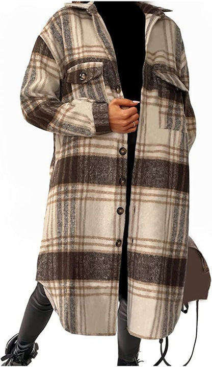 Abrigo de invierno para mujer, de manga larga, con solapa abotonada, informal, cálido, a cuadros, tipo chaqueta