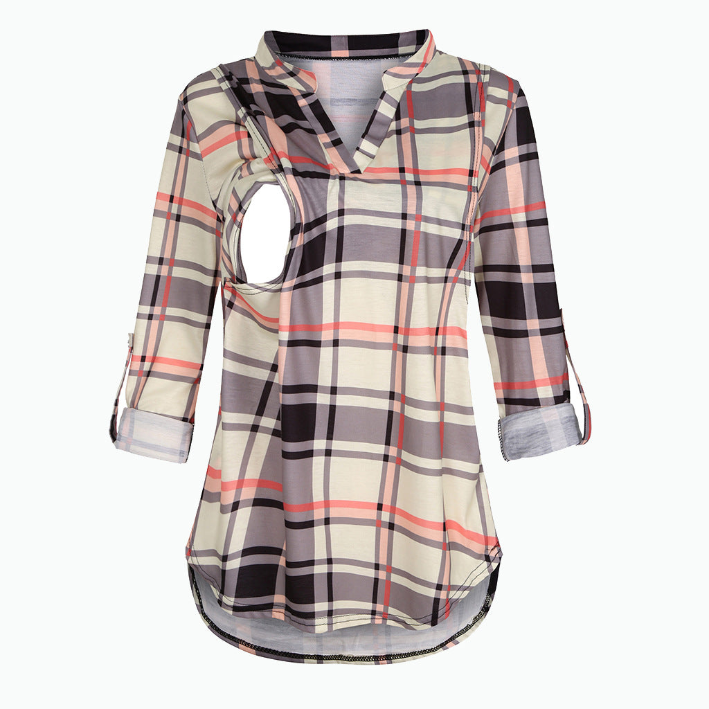 Pregnant Women Fashion Casual V-Neck Plaid Print Breastfeeding Long Sleeve Top