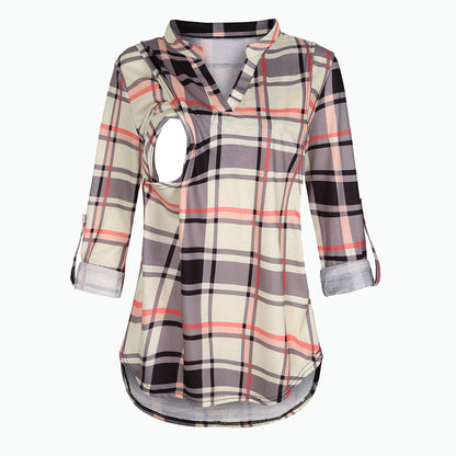 Pregnant Women Fashion Casual V-Neck Plaid Print Breastfeeding Long Sleeve Top