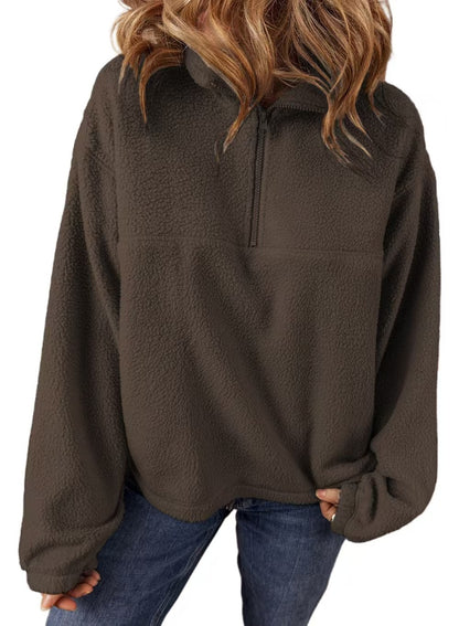 Autumn Winter Women Fashion Casual Plush Stand Collar Half Zipper Long Sleeve Sweatshirt