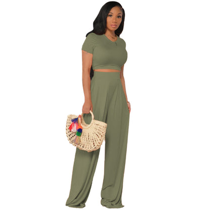 Conjunto de dos piezas de top corto y pantalón de color liso, manga corta, color naranja, informal y vanguardista para mujer