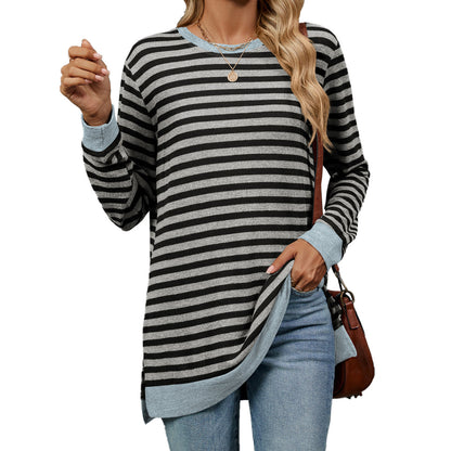 Camiseta informal de manga larga con cuello redondo y rayas para mujer
