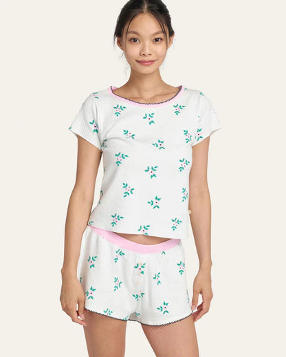 Conjunto de pijama de dos piezas con camiseta estampada informal y pantalones cortos holgados para mujer