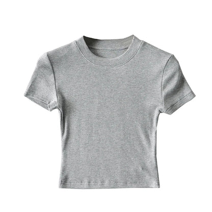 Camiseta informal de verano para mujer, color liso, cuello redondo, manga corta, sin mangas