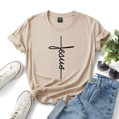 Peace Women Casual Letter Faith Print Short-sleeved Round Neck Loose Colored T-shirt