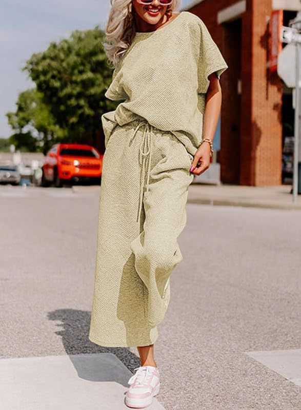 Women Fashion Casual Solid Color Short Sleeve Round-Neck Top Loose Drawstring Pants Two-Piece Set