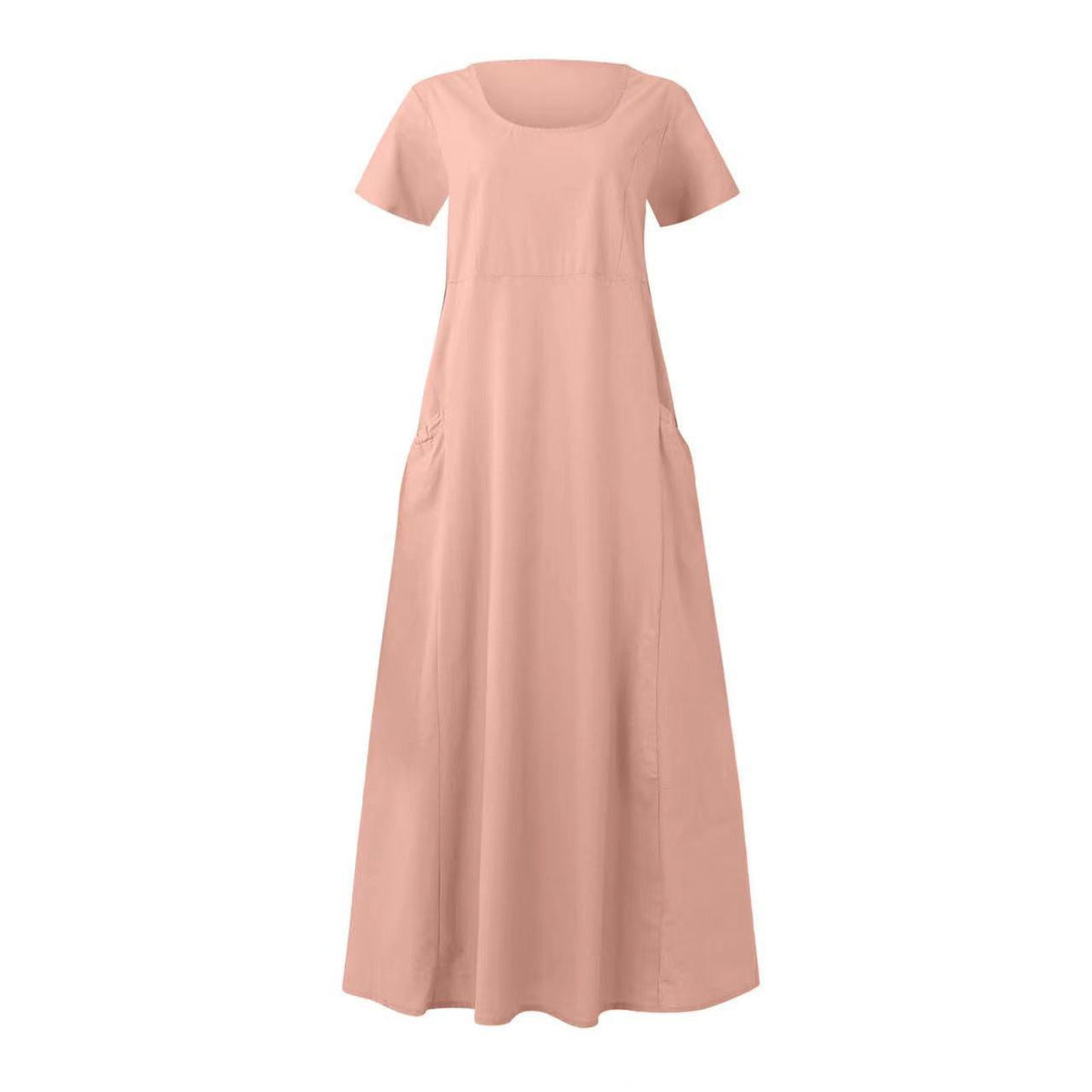 Women Casual Solid Color Cotton Linen Round Neck Short Sleeve Loose Dress