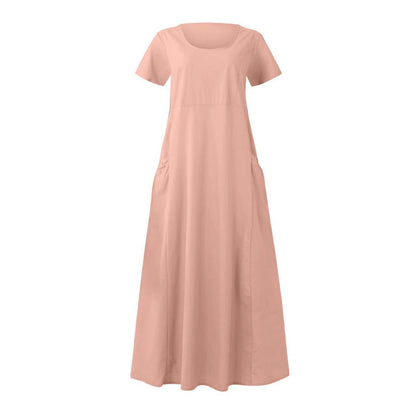 Women Casual Solid Color Cotton Linen Round Neck Short Sleeve Loose Dress