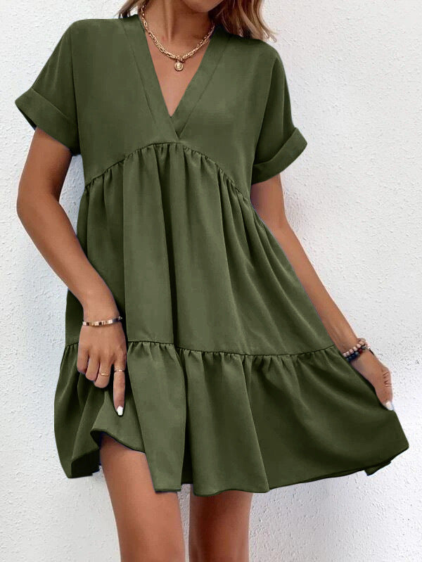 Vestido informal de verano para mujer, con escote en V y manga corta, estilo swing grande