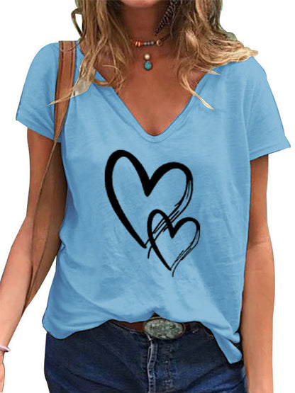 Camiseta informal de manga corta con cuello en V y estampado de corazón para mujer