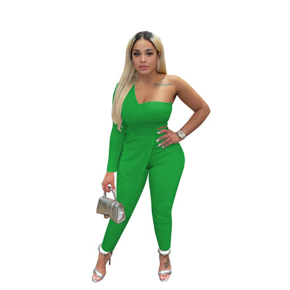 Conjunto informal de dos piezas para mujer, con top y pantalón irregulares, hombros descubiertos y un solo hombro, de color liso