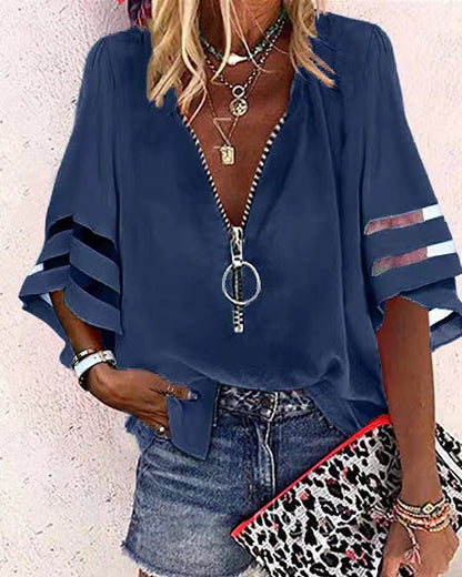 Blusa informal de mujer con cuello en V, media cremallera y mangas acampanadas