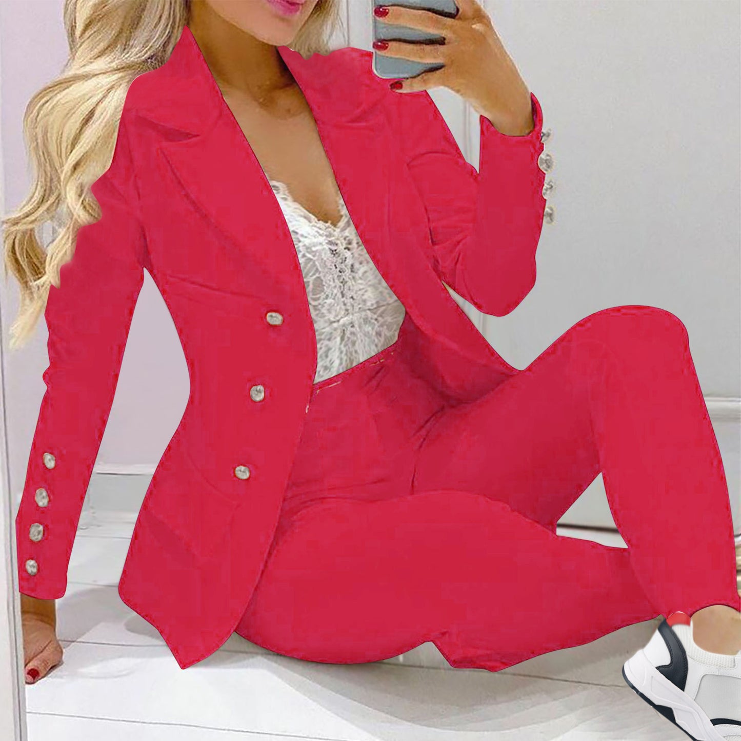 Women Fashion Casual Single-Breasted Solid Color Blazer Leggings Two-Piece Set