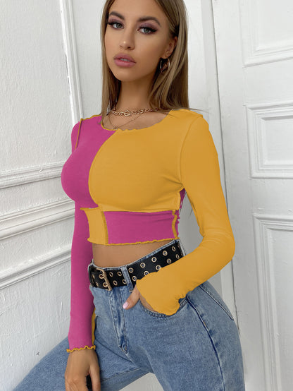 Camiseta corta informal de manga larga con bloques de color a la moda para mujer
