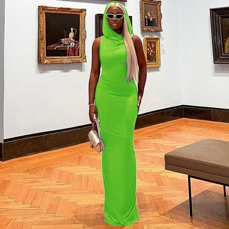 Women Fashion Casual Solid Color Hooded Elastic Sleeveless Slim Dress