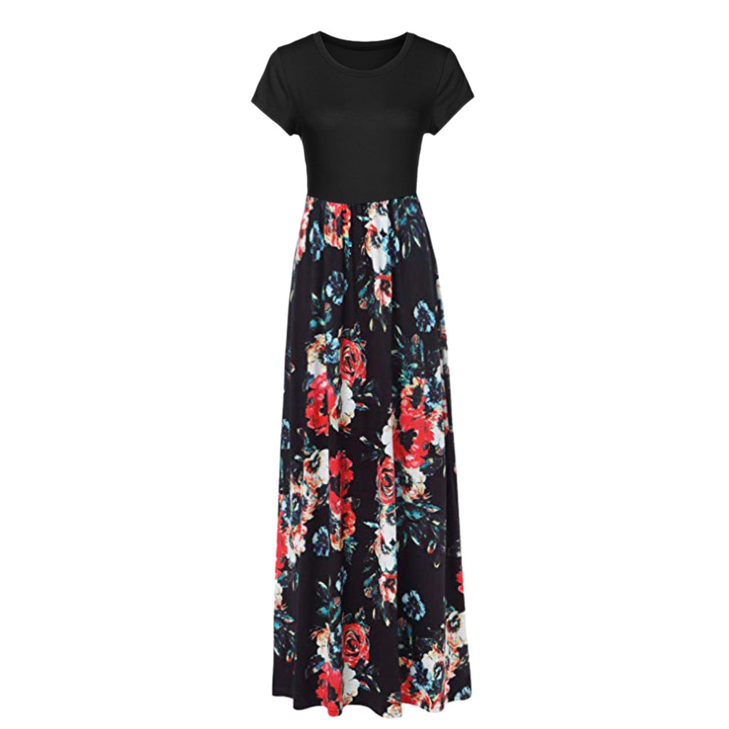 Vestido largo informal de manga corta con cuello redondo y estampado floral para mujer