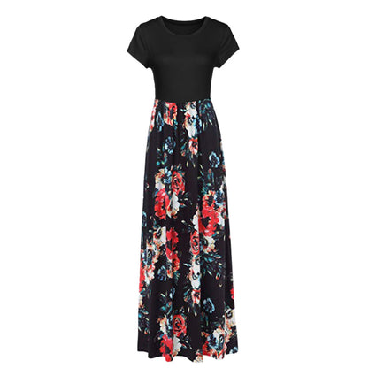 Vestido largo informal de manga corta con cuello redondo y estampado floral para mujer