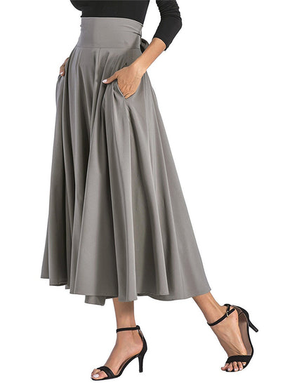 Women Fashion Casual Solid Color High Waist Pocket Pleated Skirt