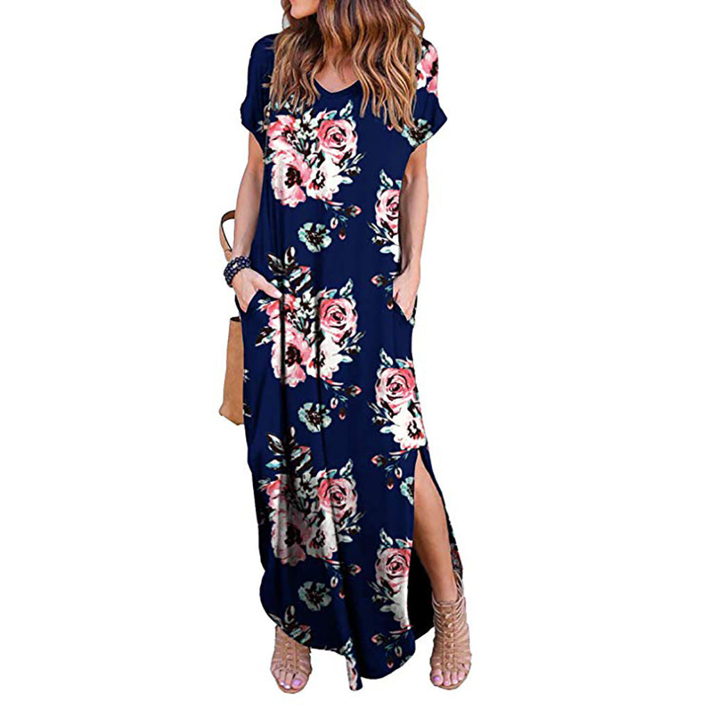 Vestido largo informal bohemio de verano para mujer, con estampado floral, manga corta, abertura lateral y cuello en V
