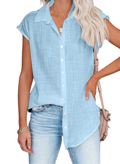 Blusa informal holgada de color liso con solapa y botonadura sencilla sin mangas para mujer