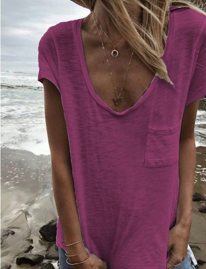 Women'S Plus Size Basic Fashion U-Neck Solid Color Casual Short-Sleeved T-shirt