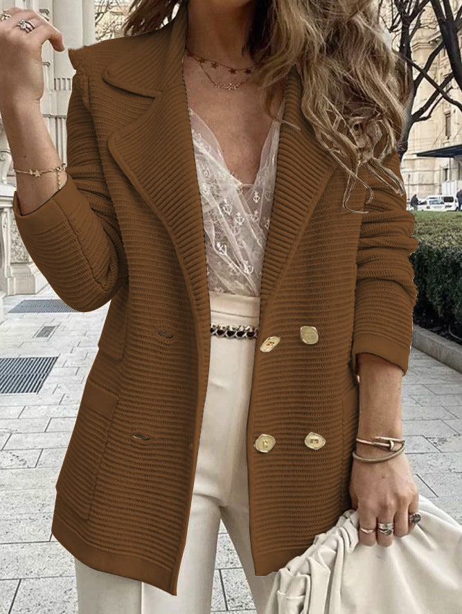 Women Fall Winter Solid Color Textured Casual Top Long Sleeve Jacket Corduroy Blazer
