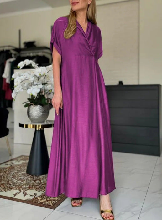 Women Casual Loose Solid Color V-Neck Short Sleeve Dress