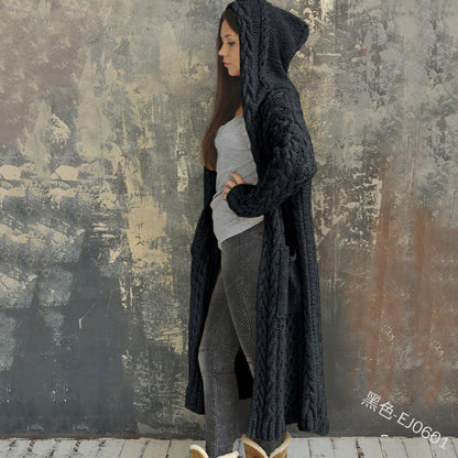 Women Casual Solid Color Long Sleeve Hooded Cardigan Knitted Sweater
