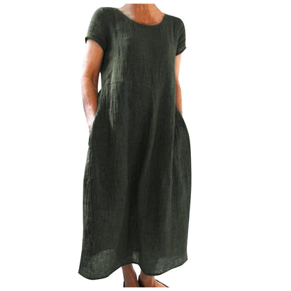 Women Solid Color Casual Loose Cotton And Linen Dress