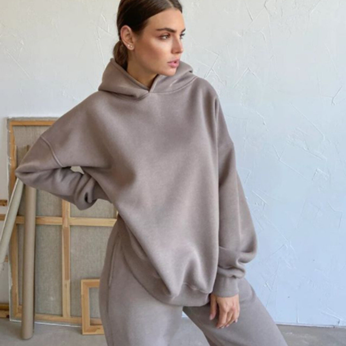 Conjunto deportivo básico informal de otoño para mujer, de manga larga, color liso, con capucha y pantalones de chándal