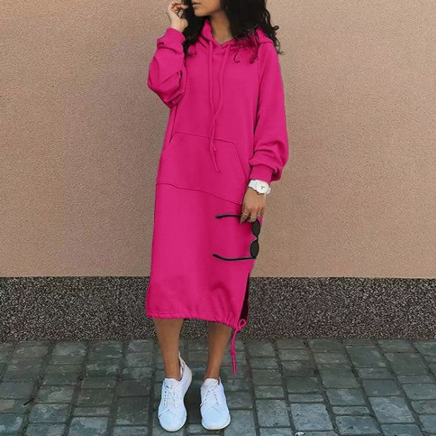 Women Fashion Casual Winter Solid Color Plus Size Hooded Long Sleeve Sweatshirt Dress