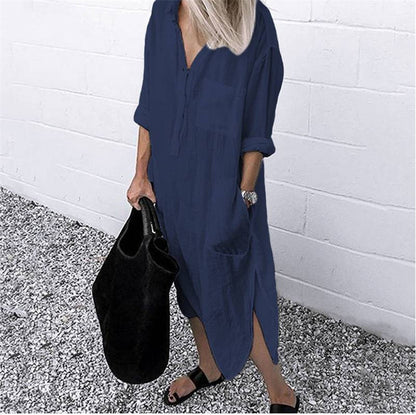 Summer Women Fashion Simple Casual Long Sleeve Shirt Split Dress